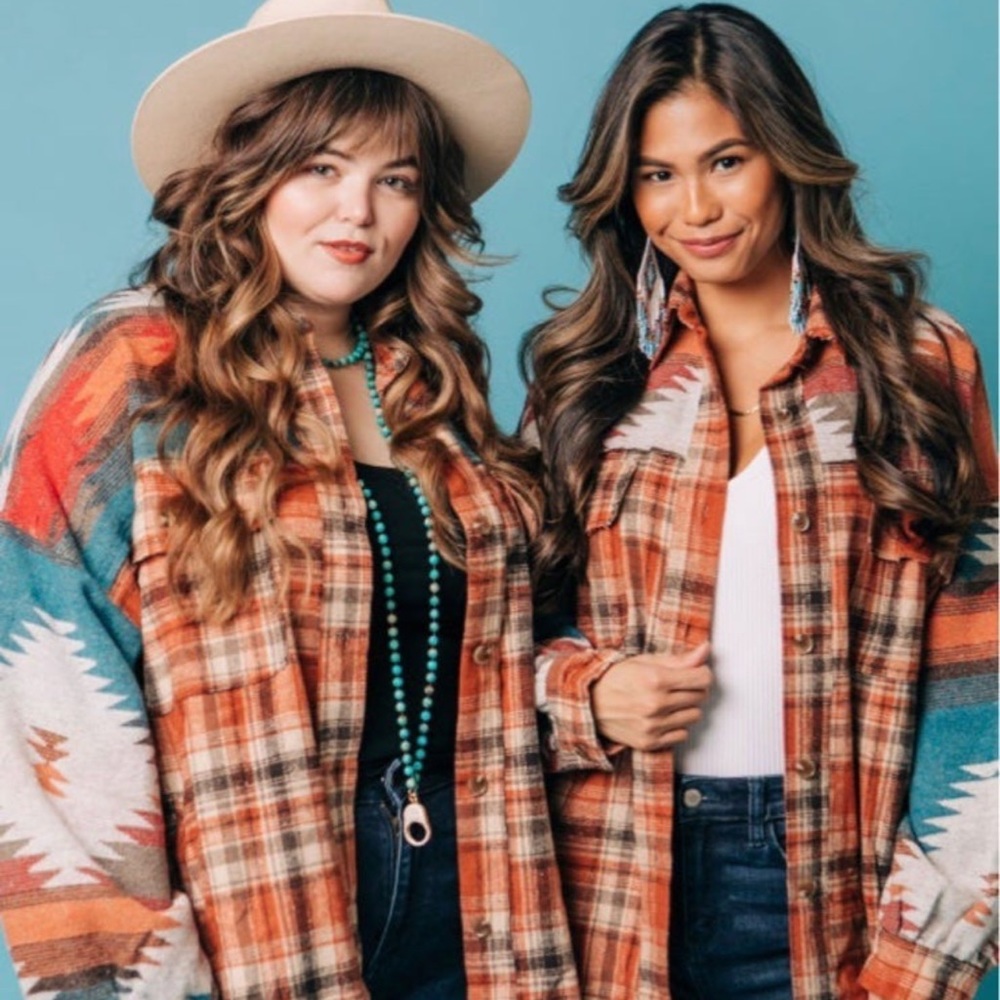 New! White Birch Flannel Shacket -Aztec & Plaid